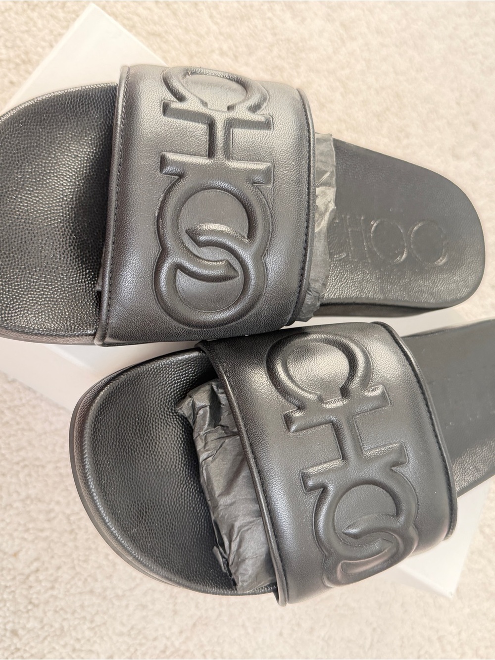 Jimmy Choo Embossed Logo Azari Slide Sandals
